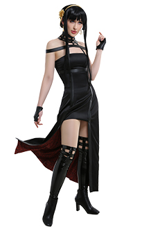 Spy House Thorn Princess Yor Killer Assassin Gothic Halter Black Dress Outfit Cosplay Costume with Leather Stockings