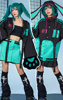 Vocal Derivative Black Green Pullover Hoodie Jacket and Detachable Skirt Set Motorcycle Suit Style Clubwear with Furry Cat Paw Bag