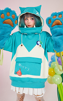 PM Derivative Pullover Hoodie with Detachable Bag Design Furry Paw Gloves Kawaii Blue White Hooded Sweatshirt