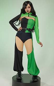 Shego Derivative Costume Women Sexy Outfit Green Black Long Sleeve Crop Top with Corset and Crotch Cutout Pants Belt