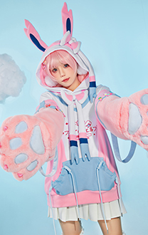 PM Derivative Pullover Hoodie with Detachable Bag Design Furry Cat Paw Gloves Kawaii Sweatshirt