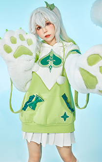 Nahida Derivative Pullover Hoodie with Detachable Bag Design Furry Paw Gloves Kawaii Green Hooded Sweatshirt